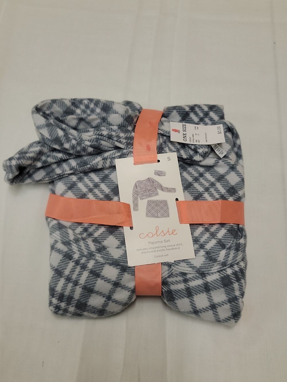 Colsie Pajama Set Gray Plaid Flannel Cropped Long Sleeve Top Shorts sz Small